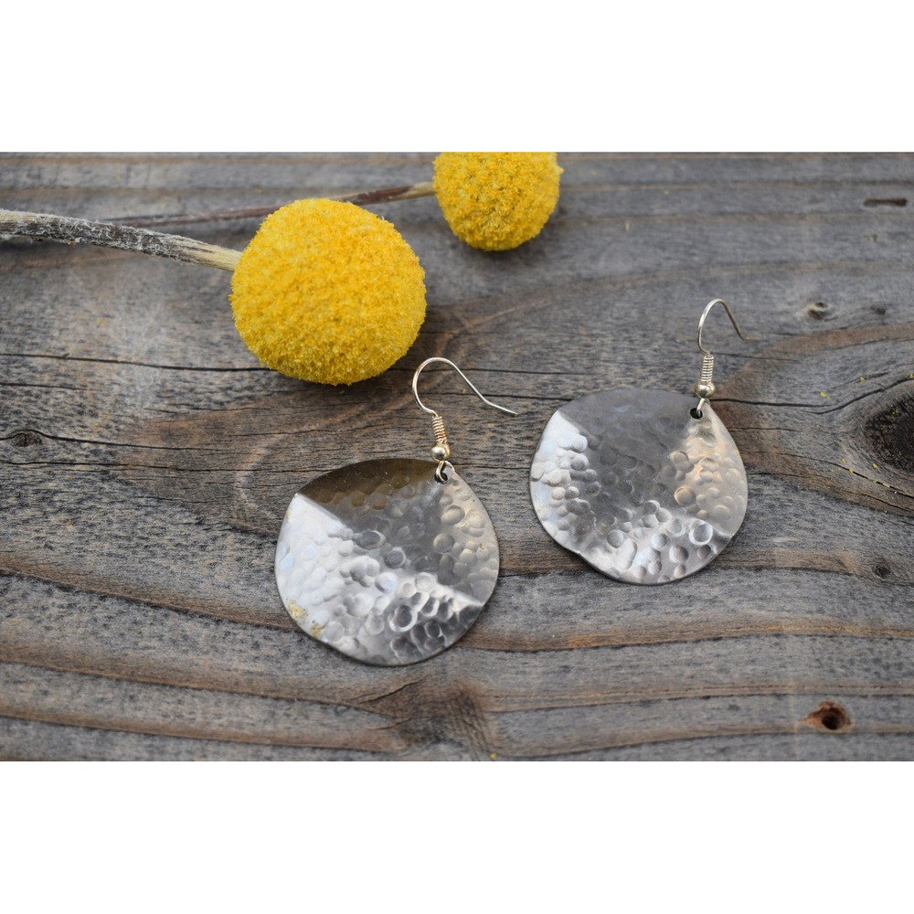 Full Moon, Rippled silver steel disk earrings